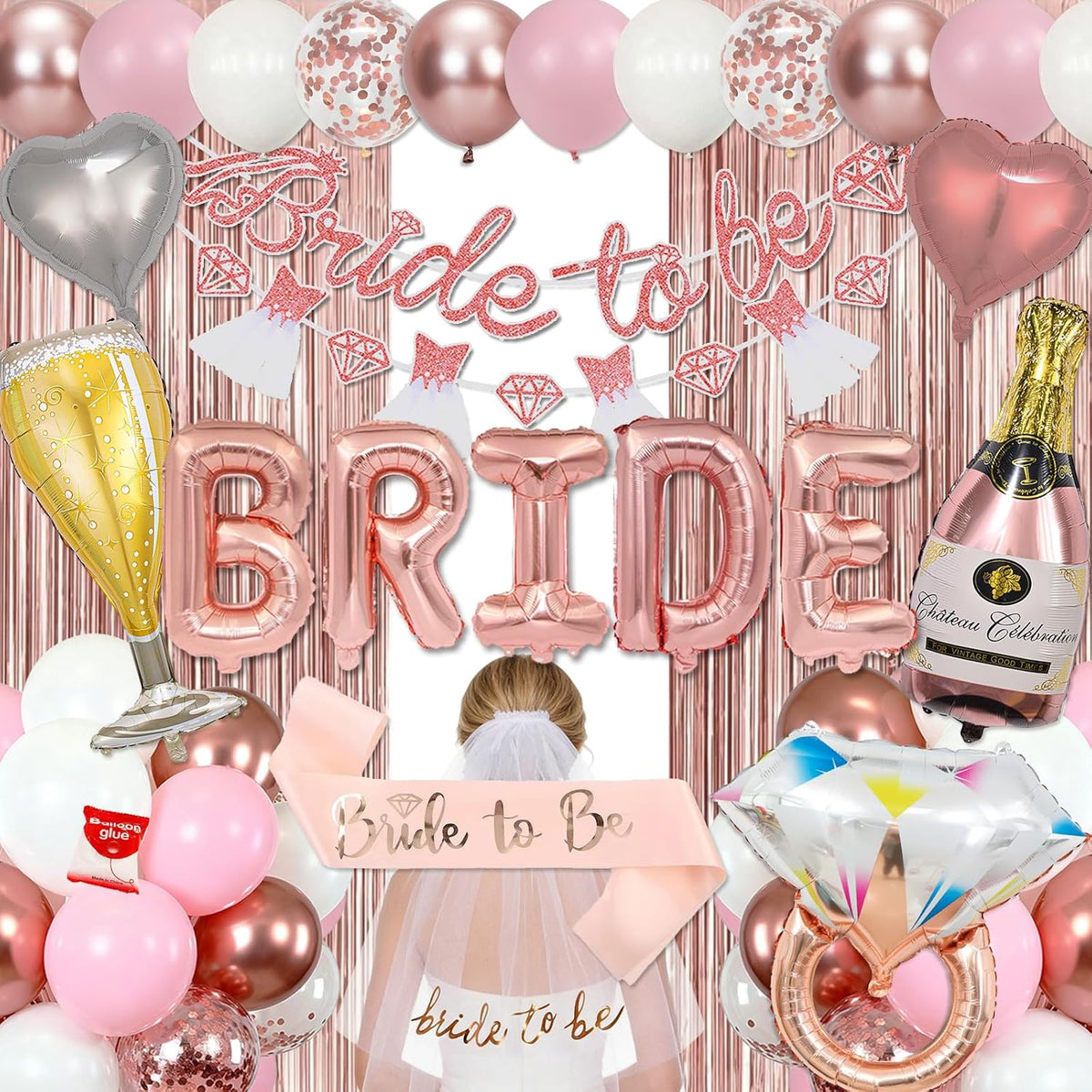 Pink Bachelorette Party Decorations, Rose Gold Bridal Shower Decorations, Bride to Be Banner, 32 inches BRIDE Balloons, Bridal Sash Veil, Fringe Curtains for Engagement Wedding Party Supplies