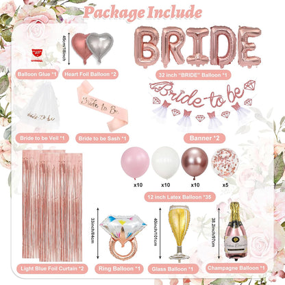 Pink Bachelorette Party Decorations, Rose Gold Bridal Shower Decorations, Bride to Be Banner, 32 inches BRIDE Balloons, Bridal Sash Veil, Fringe Curtains for Engagement Wedding Party Supplies