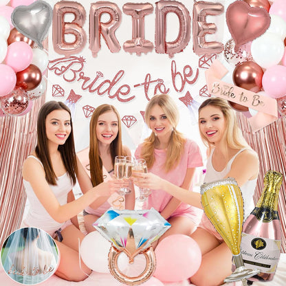 Pink Bachelorette Party Decorations, Rose Gold Bridal Shower Decorations, Bride to Be Banner, 32 inches BRIDE Balloons, Bridal Sash Veil, Fringe Curtains for Engagement Wedding Party Supplies