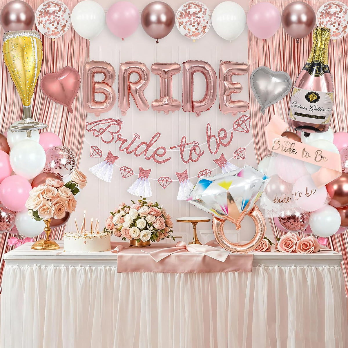 Pink Bachelorette Party Decorations, Rose Gold Bridal Shower Decorations, Bride to Be Banner, 32 inches BRIDE Balloons, Bridal Sash Veil, Fringe Curtains for Engagement Wedding Party Supplies