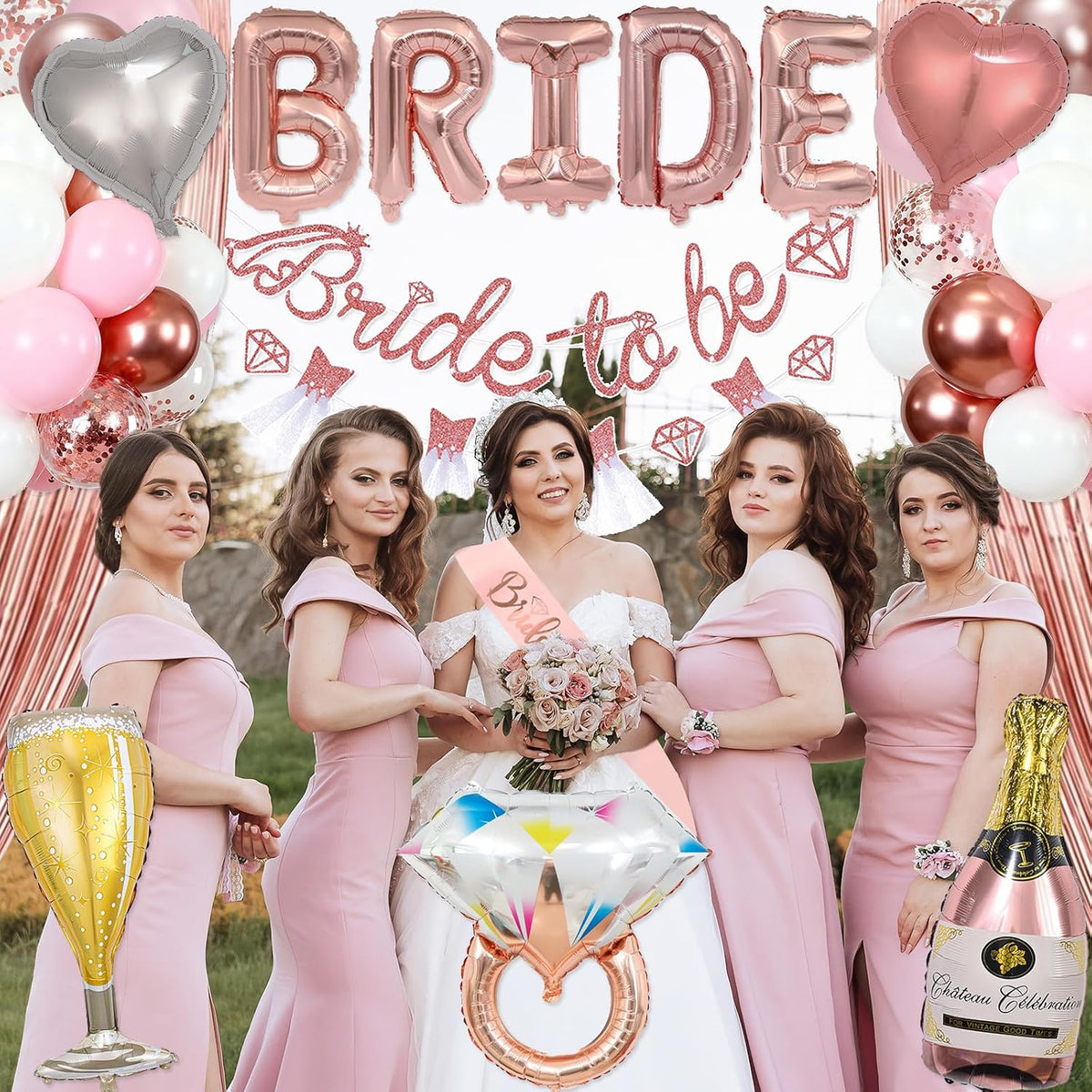 Pink Bachelorette Party Decorations, Rose Gold Bridal Shower Decorations, Bride to Be Banner, 32 inches BRIDE Balloons, Bridal Sash Veil, Fringe Curtains for Engagement Wedding Party Supplies