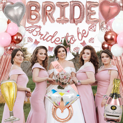 Pink Bachelorette Party Decorations, Rose Gold Bridal Shower Decorations, Bride to Be Banner, 32 inches BRIDE Balloons, Bridal Sash Veil, Fringe Curtains for Engagement Wedding Party Supplies