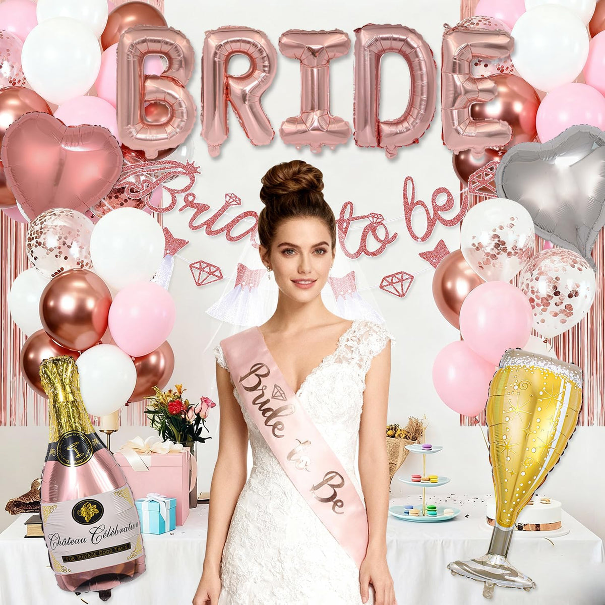 Pink Bachelorette Party Decorations, Rose Gold Bridal Shower Decorations, Bride to Be Banner, 32 inches BRIDE Balloons, Bridal Sash Veil, Fringe Curtains for Engagement Wedding Party Supplies