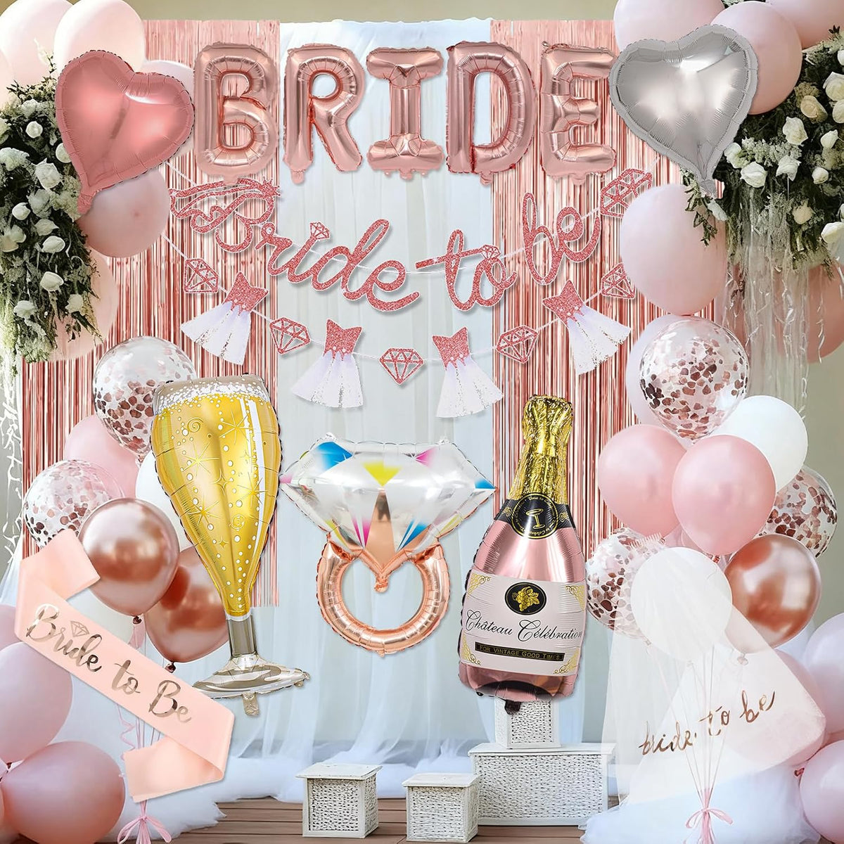 Pink Bachelorette Party Decorations, Rose Gold Bridal Shower Decorations, Bride to Be Banner, 32 inches BRIDE Balloons, Bridal Sash Veil, Fringe Curtains for Engagement Wedding Party Supplies