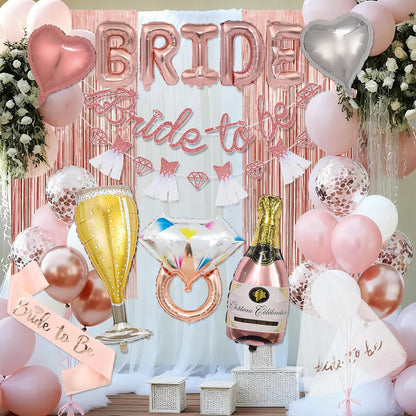 Pink Bachelorette Party Decorations, Rose Gold Bridal Shower Decorations, Bride to Be Banner, 32 inches BRIDE Balloons, Bridal Sash Veil, Fringe Curtains for Engagement Wedding Party Supplies