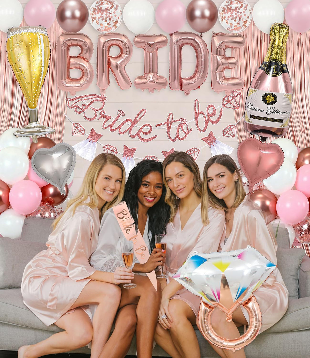 Pink Bachelorette Party Decorations, Rose Gold Bridal Shower Decorations, Bride to Be Banner, 32 inches BRIDE Balloons, Bridal Sash Veil, Fringe Curtains for Engagement Wedding Party Supplies
