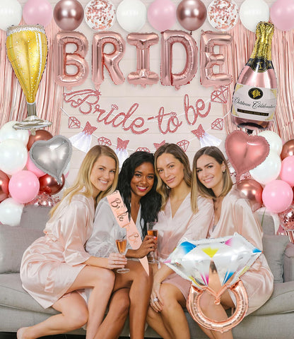 Pink Bachelorette Party Decorations, Rose Gold Bridal Shower Decorations, Bride to Be Banner, 32 inches BRIDE Balloons, Bridal Sash Veil, Fringe Curtains for Engagement Wedding Party Supplies