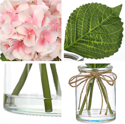 DILATATA Hydrangea Artificial Flowers with Glass Vase, Pink Real Touch Silk Hydrangea Arrangement with Faux Water, Small Faux Floral Centerpiece for Home Decor, Wedding, Bathroom, Shelf, Coffee Table