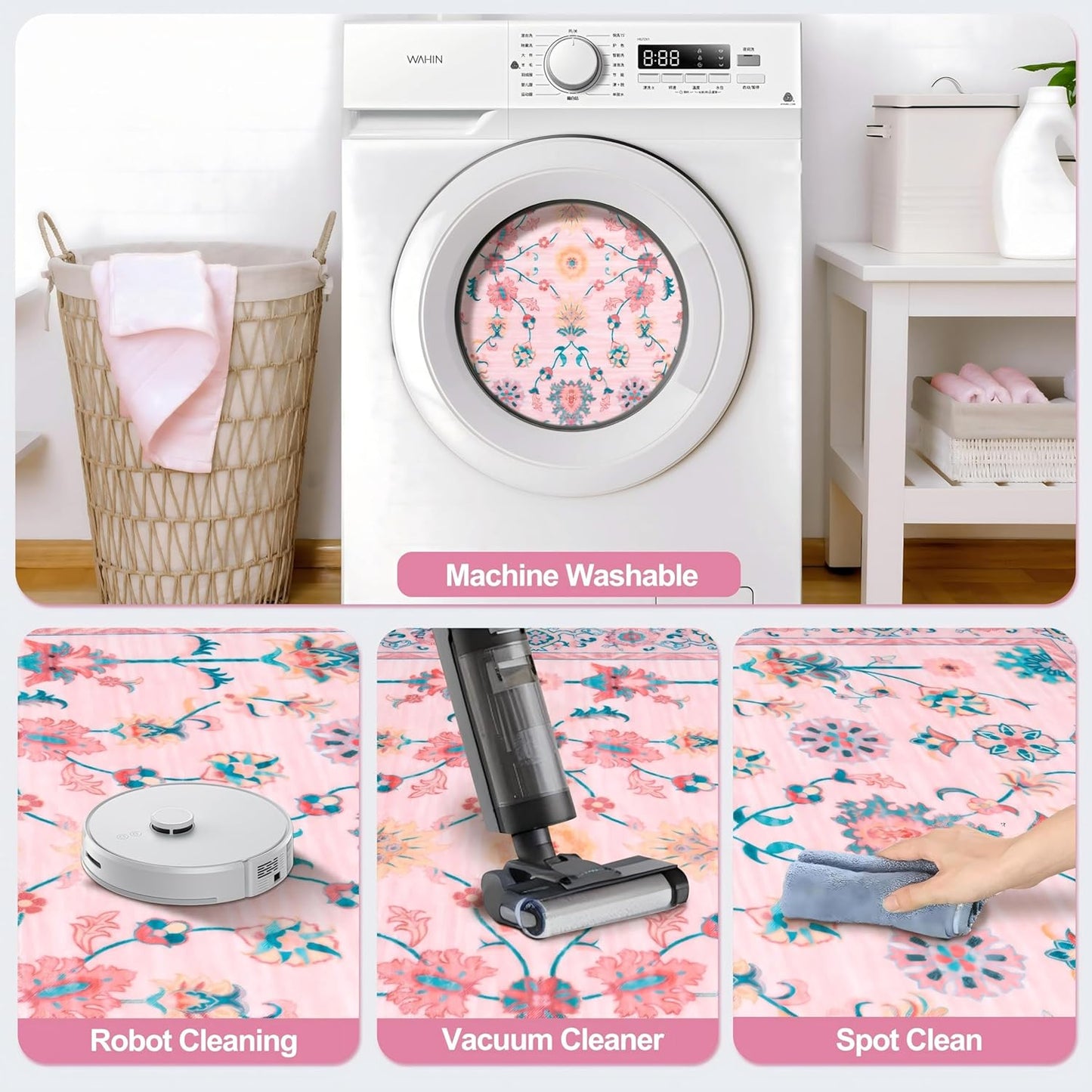 Tangsoo Pink Small Rug for Entryway, 2x3 Washable Entry Rug for Girls Nursery Bedroom Bedside, Non Slip Floral Area Throw Rugs Soft Cute Floor Carpet Indoor Mat for Entrance Kitchen Bathroom