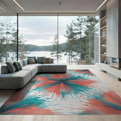 8'x10' Washable Modern Geometric Large Rug, Coral Non-Shedding Pet Friendly Carpet for King Size Bedroom, Master Suite, Under Bed, Foldable Easy Care Mat | Ref:2122582