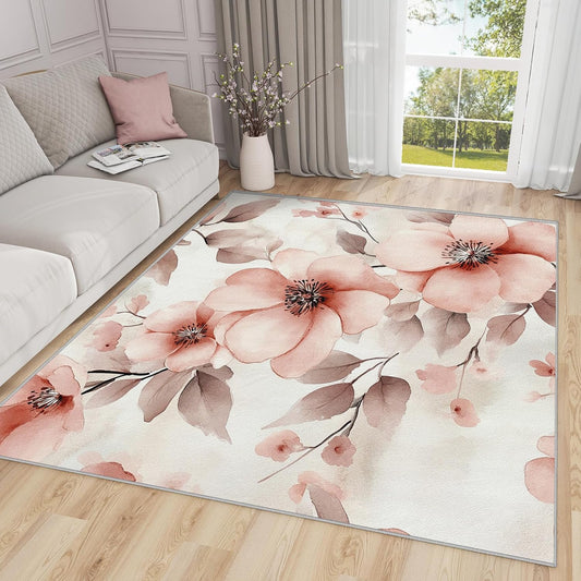 Flower Rugs for Bedroom - 4x5ft -Peach Pink Floral Watercolor Pastel Artistic Rugs for Living Room Non Slip Low Pile Machine Washable Area Rug,Flower Carpets Home Decor