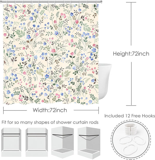 Blue and Pink Wildflower Shower Curtain for Bathroom Green Plant with Floral Shower Curtain Aesthetic Cottagecore Botanical Beige Shower Curtain Set with Hooks,72x72 inch