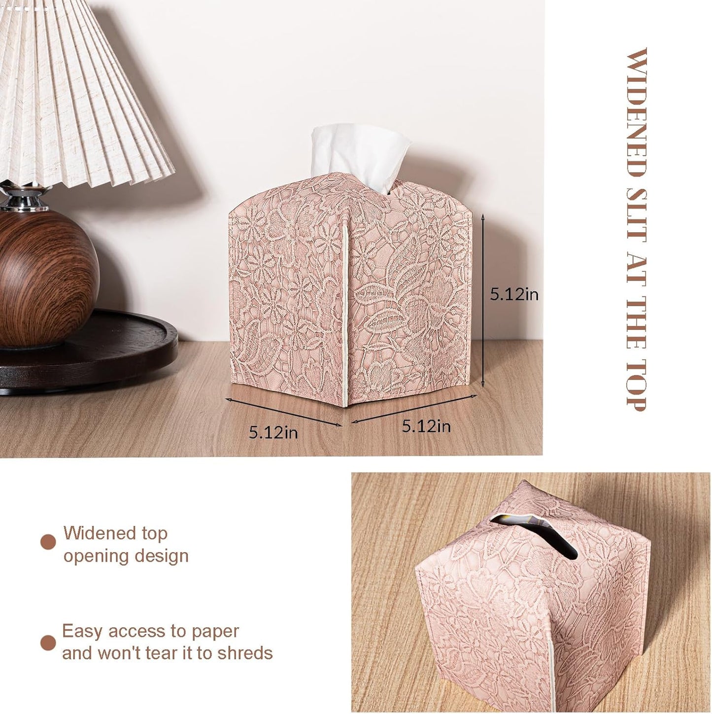 Tissue Box Cover PU Leather Square Tissue Holder Facial Paper Organizer Dispenser for Bathroom Vanity Countertop, Dresser, Tabletop, Office, Car, Pink