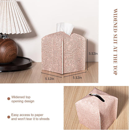 Tissue Box Cover PU Leather Square Tissue Holder Facial Paper Organizer Dispenser for Bathroom Vanity Countertop, Dresser, Tabletop, Office, Car, Pink