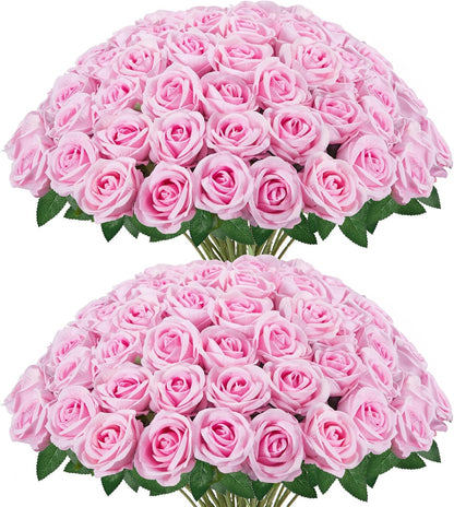 InnoGear 50 Pcs Pink Roses Artificial Flowers, Fake Velvet Silk Rose Bulk Faux Flower for Decoration DIY Wedding Centerpieces Proposal Bridal Bouquets Shower Party Home Floral Decor (50, Pink)