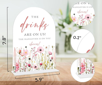 Wedding Bar Sign, Pink Flower Style Acrylic Arch Sign With Base, Flower Bar Supplies, Home Bar Decor, Party Supplies, Bridal Shower Centerpieces For Tables, Wedding Reception Decorations-15