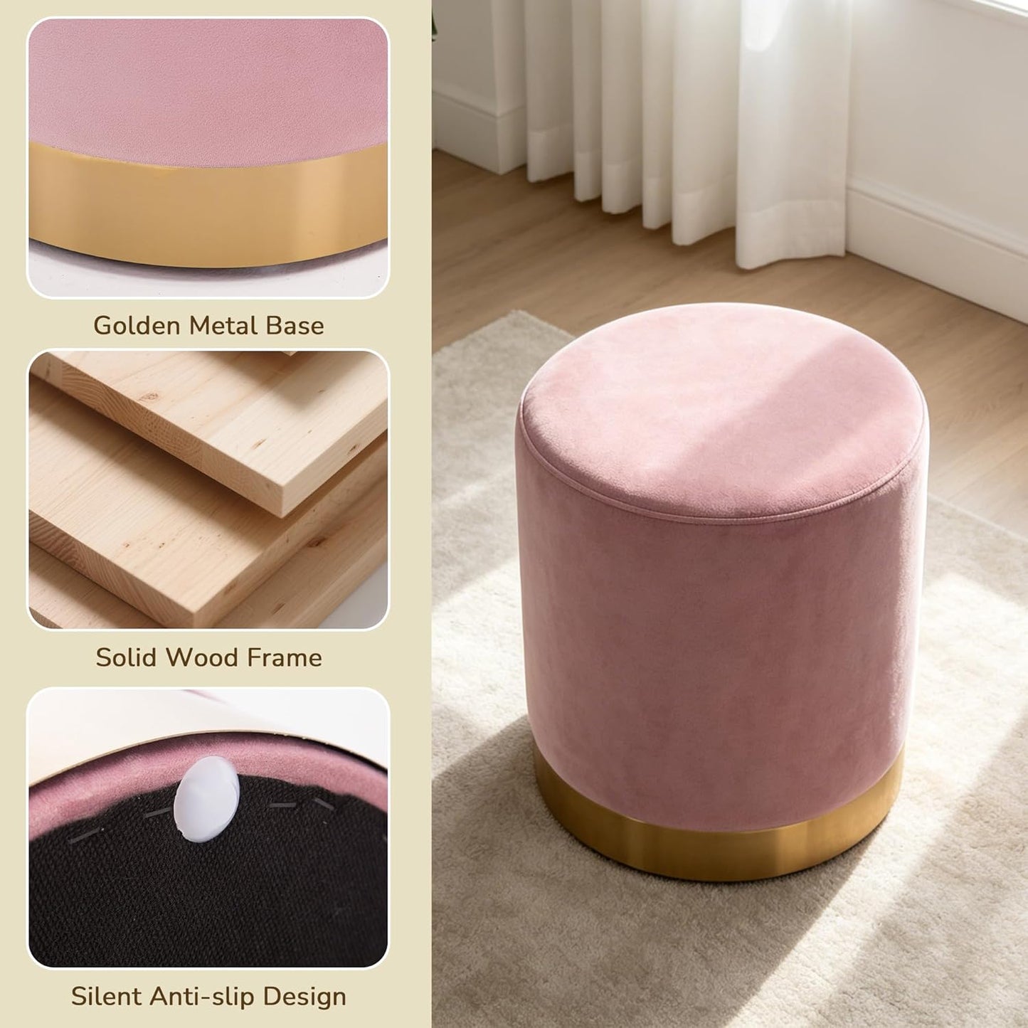 LSSBOUGHT Round Velvet Ottoman, 16" H Footrest Stool with Gold Metal Base, Modern Upholstered Vanity Stool for Living Room, Bedroom, Entryway (Pink, Set of 1)