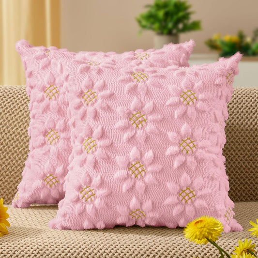 DFXSZ Spring Summer Pillow Covers 18x18 inch Set of 2 Farmhouse Decor Yellow Flower Heart Sunflower Pink Soft Plush Faux Fur Jacquard Throw Pillows for Sofa Holiday Spring Home Decor PTK024J18