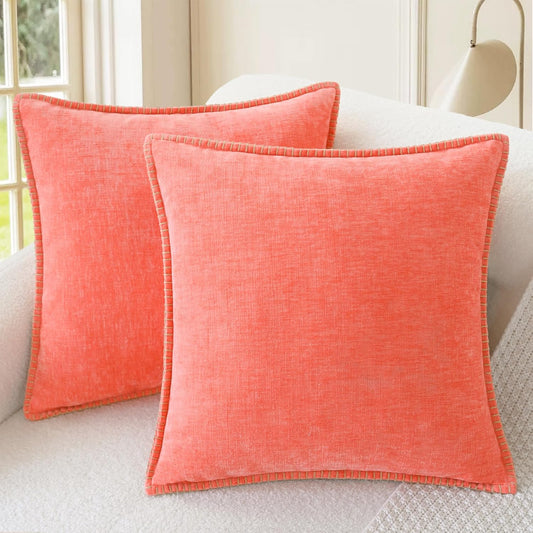 CaliTime Throw Pillow Covers Decorative 20 X 20 Inches Pack of 2 Cotton Thread Stitching Edges Solid Dyed Soft Chenille Cushion Cases for Couch Sofa Bed Living Room Farmhouse Living Coral