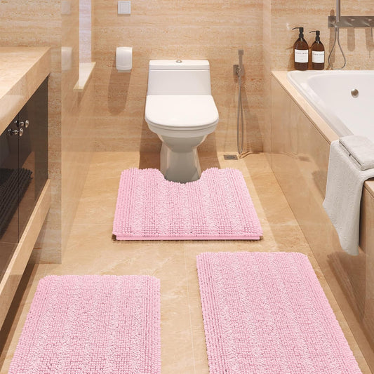 ACCUMTEK Christmas Striped Pink Bathroom Rug Set 3 Pieces Ultra Soft, Non Slip Chenille Toilet Mat, Absorbent Plush Shaggy Bath Mats for Bathroom, Bedroom, Kitchen