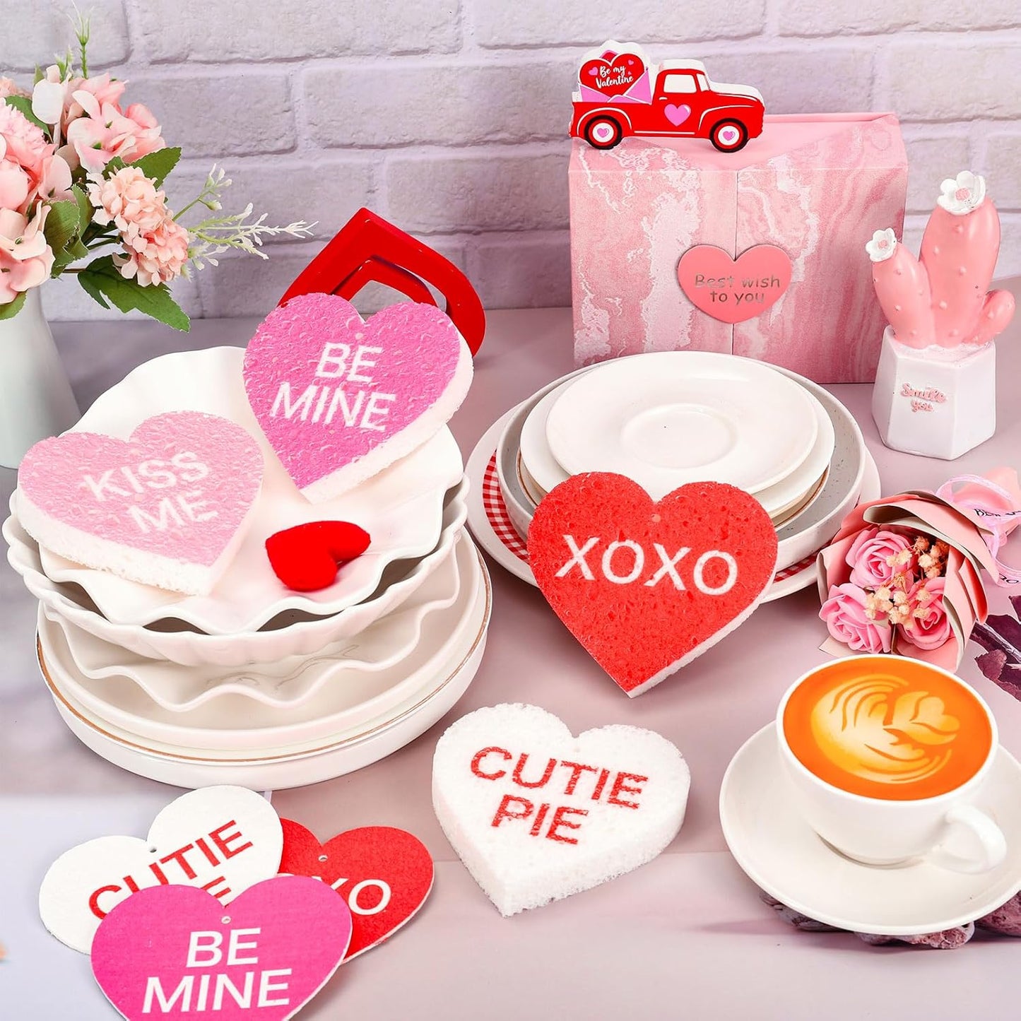 Whaline 8Pcs Valentine’s Day Kitchen Sponges Water Absorbing Dish Washing Sponge Red Pink Conversation Heart Non Scratch Cleaning Scrub Sponges for Holiday Home Kitchen Bathroom