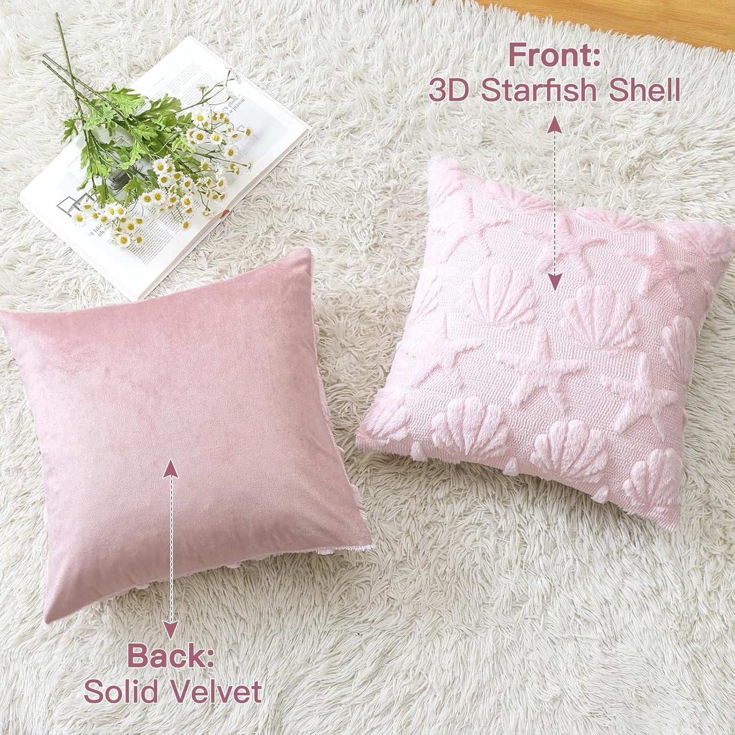 OTOSTAR Shell Starfish Throw Pillow Cover Set of 1 Beach Seaside Cushion Cover for Sofa 16x16 Inch Square Spring Summer Soft Plush Short Wool Velvet Pillowcase Holiday Decor Pink