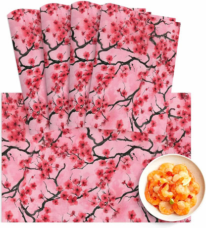 Chinese Flowers Placemats Set of 4, Washable PVC Kitchen Table Mats Place Mats, Spring Pink Peach Blossoms Floral Woven Vinyl Placemat for Dining Table, 13" x 19"