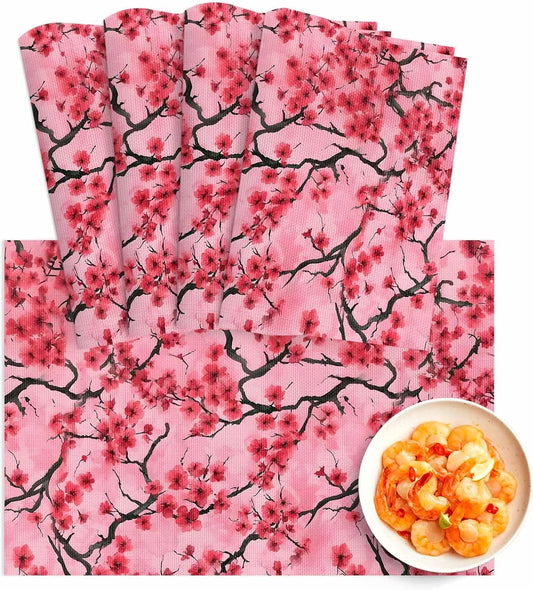 Chinese Flowers Placemats Set of 4, Washable PVC Kitchen Table Mats Place Mats, Spring Pink Peach Blossoms Floral Woven Vinyl Placemat for Dining Table, 13" x 19"
