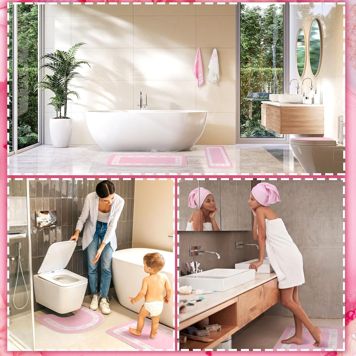 Nuanchu 6 Pcs Pink Bathroom Rugs Set with 2 Ribbon Hand Towels Non Slip U-Shaped Toilet Rug Water Absorption Bath Mat for Spring Bathroom Bedroom Living Room