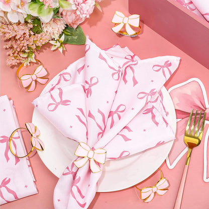 FYSUIMU 16 Pcs Pink Bow Napkins and Napkin Ring Set Coquette Bow Cloth Napkins and Bowknot Metal Ring Holders for Birthday Baby Shower Bachelorette Valentine's Day Party Table Decoration