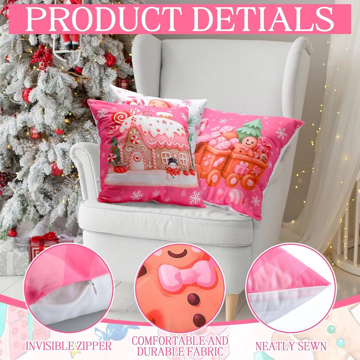 Fanfanwin 6 Pcs Pink Christmas Gingerbread Throw Pillow Covers 18 x 18 Inch Gingerbread House Truck Hot Cocoa Pink Christmas Decorative Pillow Cases for Xmas Sofa Couch Decor (Classic)