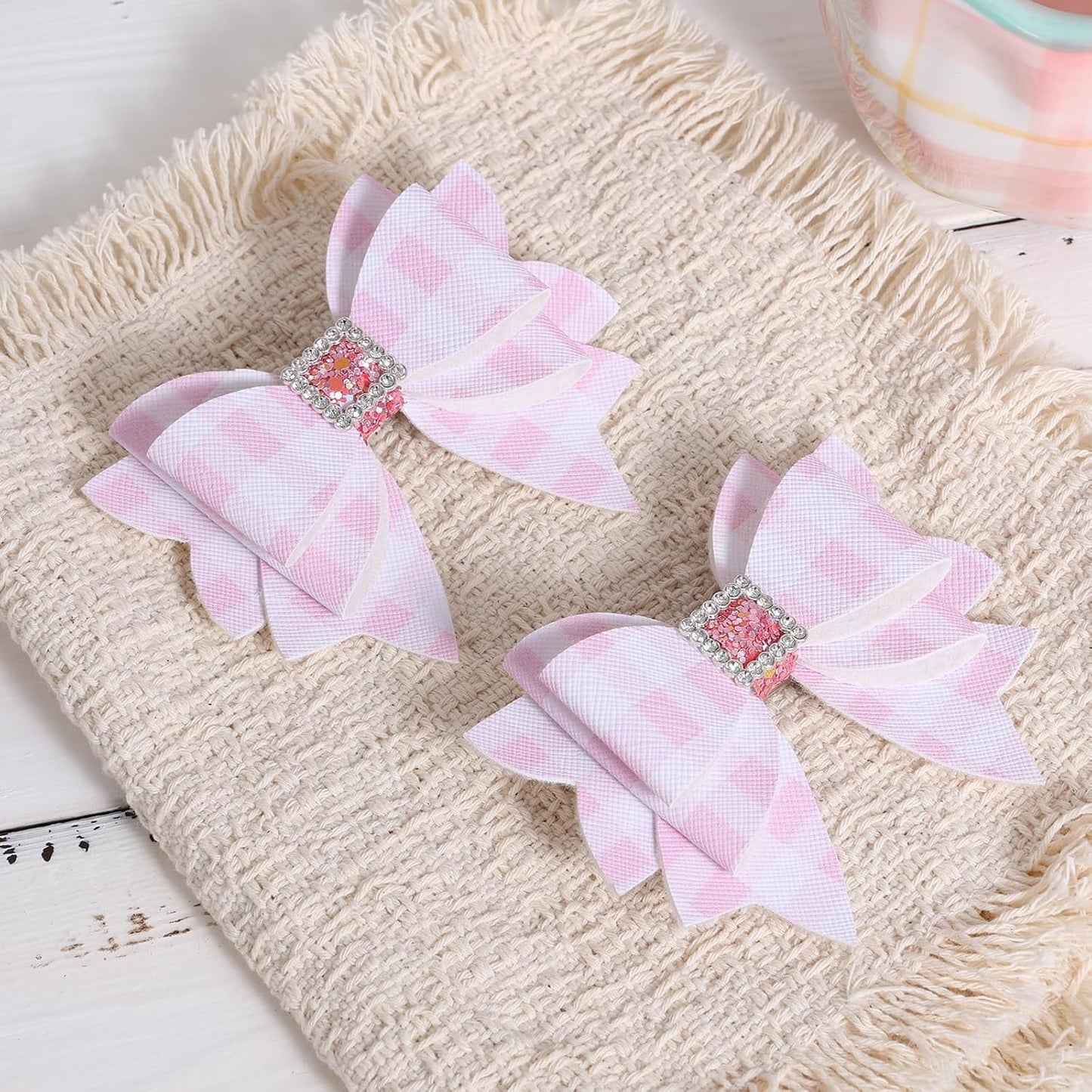3.5'' Glitter Light Pink Checkered Plaid Hair Bows for Girls Women 2pcs Sparkly Grids Checkered Leather Bow Alligator Clips for Wedding Everyday Dress Decor Accessory Birthday Gift