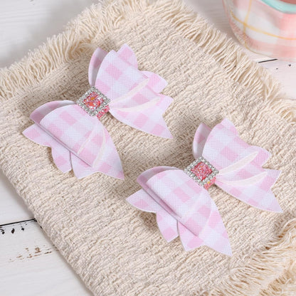 3.5'' Glitter Light Pink Checkered Plaid Hair Bows for Girls Women 2pcs Sparkly Grids Checkered Leather Bow Alligator Clips for Wedding Everyday Dress Decor Accessory Birthday Gift