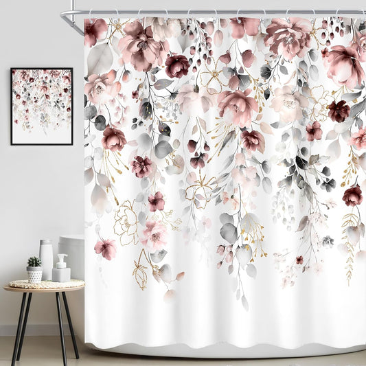 Floral Flower Shower Curtain 72Wx72L Inch Grey Pink Floral Blossom Leaves Girls Watercolor Eucalyptus Botanical Wildflower Plant Bathroom Set Rustic Bath Curtain Bathtub Accessories Home Decor