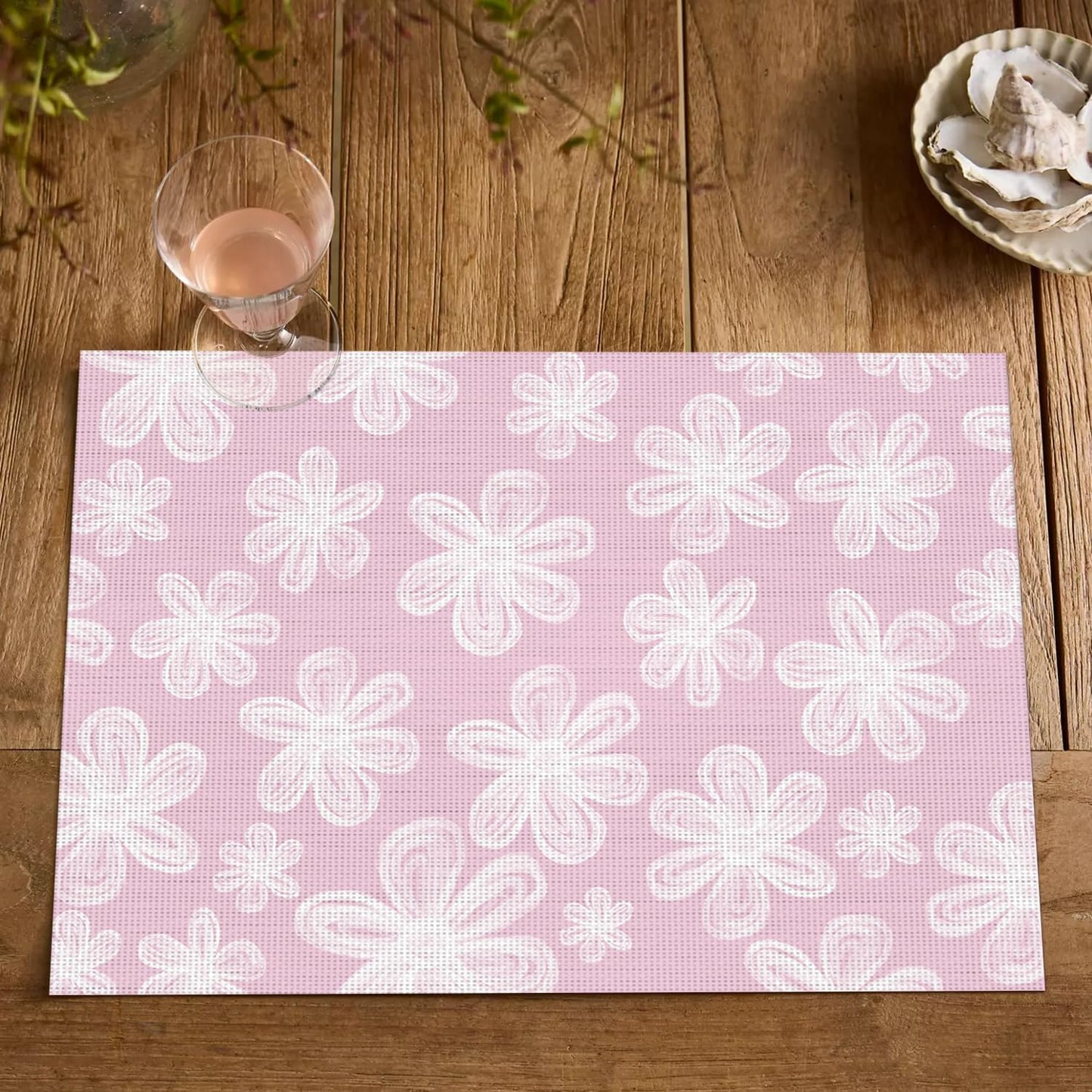Artoid Mode Pink Flowers Vinyl Spring Placemats Set of 4, Washable Heat Resistant Non-Slip Woven Plastic PVC Place Summer Mats for Farmhouse Holiday Party Dining Table Decor
