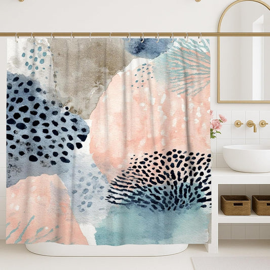 Watercolor Abstract Shower Curtain, Soft Peach Blue Gray Artistic Bathroom Decor, Modern Minimalistic Spring Summer Fabric Shower Curtain with Hooks 72x72 Inch