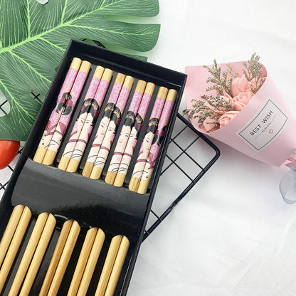 JASHII 5 Pairs Natural Bamboo Chopsticks Reusable Classic Japanese Style Wooden Chop Sticks Gift Sets Dishwasher Safe 8.8 Inch - Pink Geisha Girl