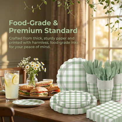 350 PCS Sage Green Gingham Party Supplies,Pink Gingham Birthday Party Set with 9" & 7" Gingham Plates, Napkins, Forks, Knives, Spoons,Perfect for Baby Shower Decorations,Wedding, Outdoor Picnic