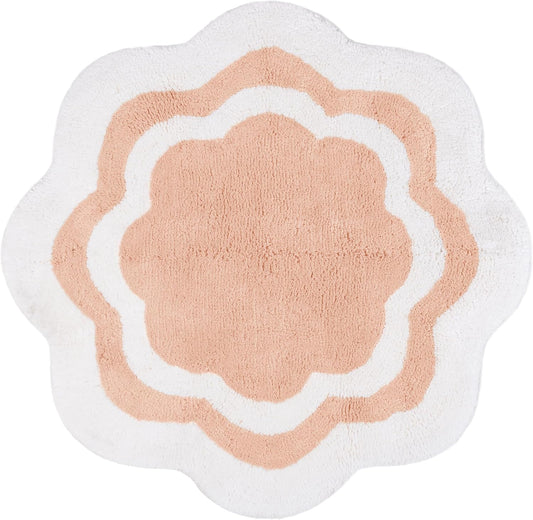 Sherry Kline Bathroom Rug, Water Absorbent Shower Mat, Hand Made Bath Accessories, Machine Washable Rugs, Bath Mat for Decor, Non Slip Floor Mats (32'', White/Baby Pink Center, Scalloped)