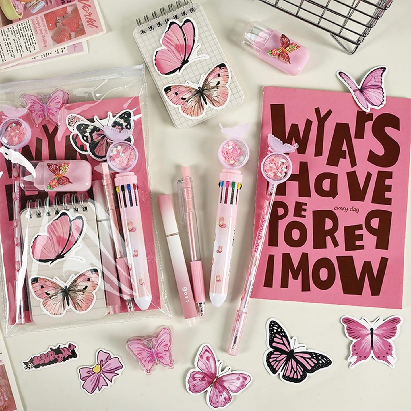 MOZXIRZ 9 Pcs Cute Butterfly Stationery Set for Girls Boys Kids Women Back to School Supplies Office Supplies Kawaii Stationery Gift (Butterfly-Pink)