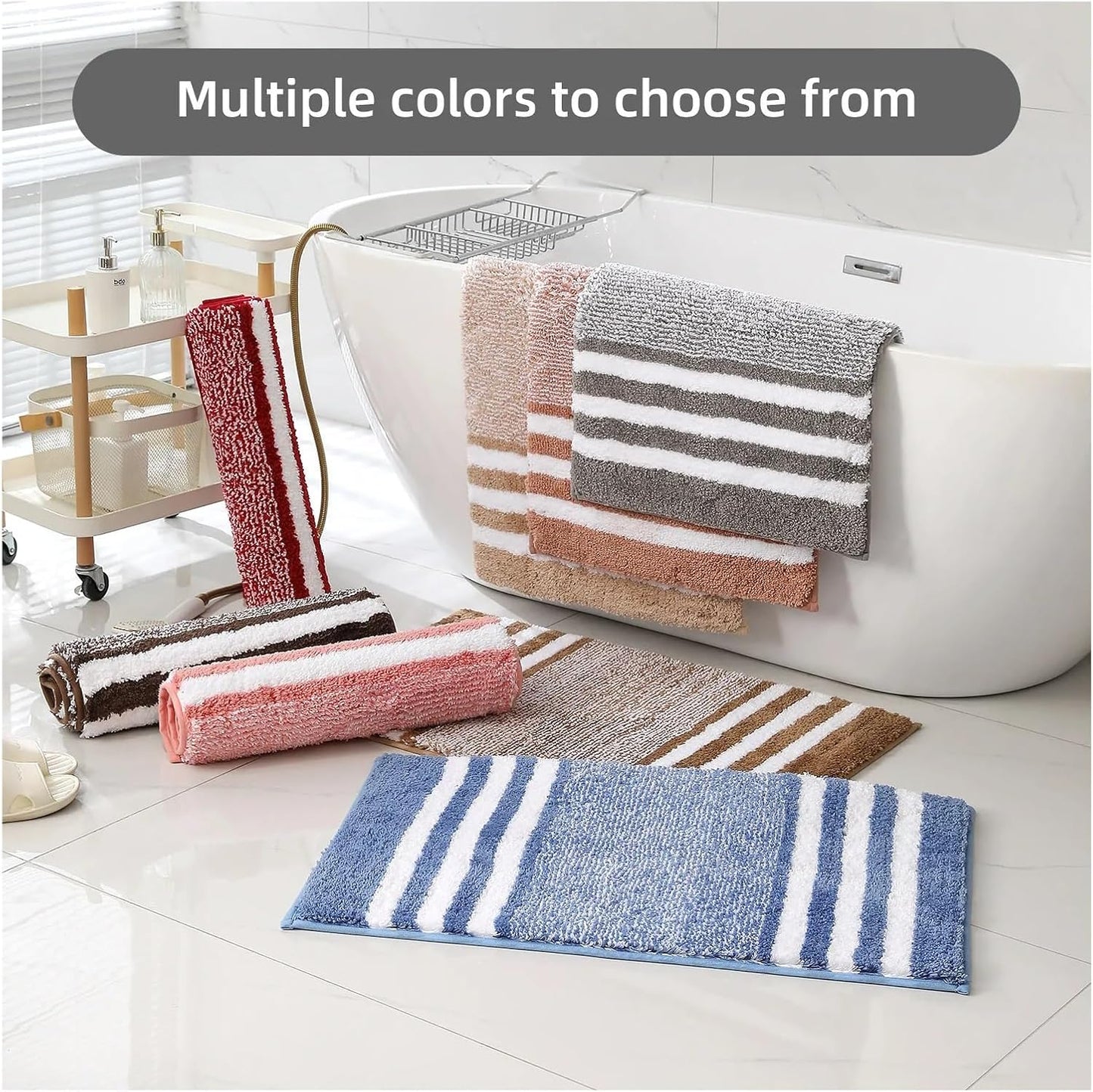 Striped Microfiber Bathroom Carpet,Waterproof,Non-Slip and Quick Drying,Machine Washable,TPR Backing, Medium Velvet(Pink)