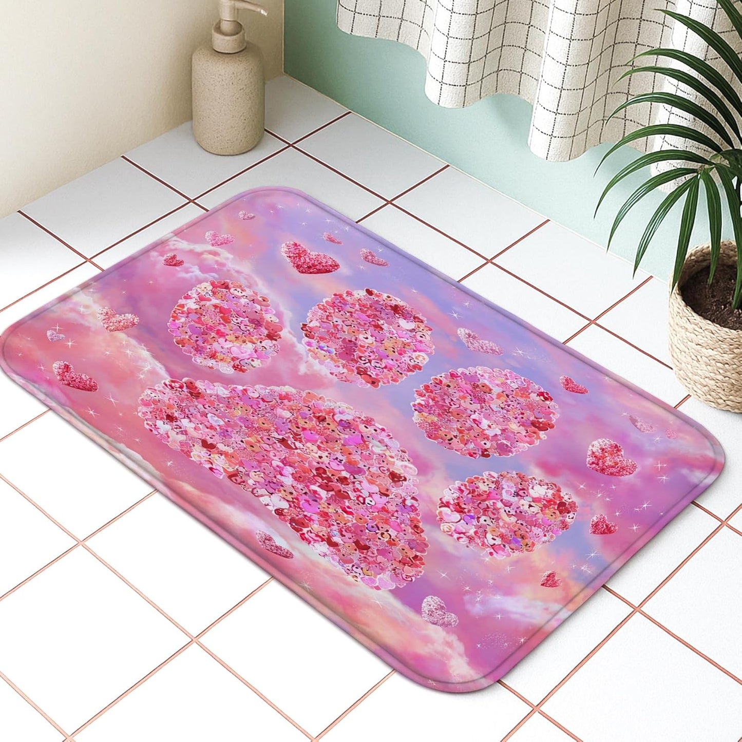 Romantic Floral Quick Dry Bath Mat, Artistic Peach Flower Paw Print Absorbent Non Slip Shower Mat, Spring Decorative Washable Bath Rugs for Bathroom Toilet Restroom 16x24 Inch