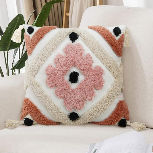 Merrycolor Boho Throw Pillow Covers 18x18 with Tassels Tufted Pink Throw Pillows Modern Farmhouse Decorative Pillows Cover for Bed Couch Sofa Bedroom,1PC