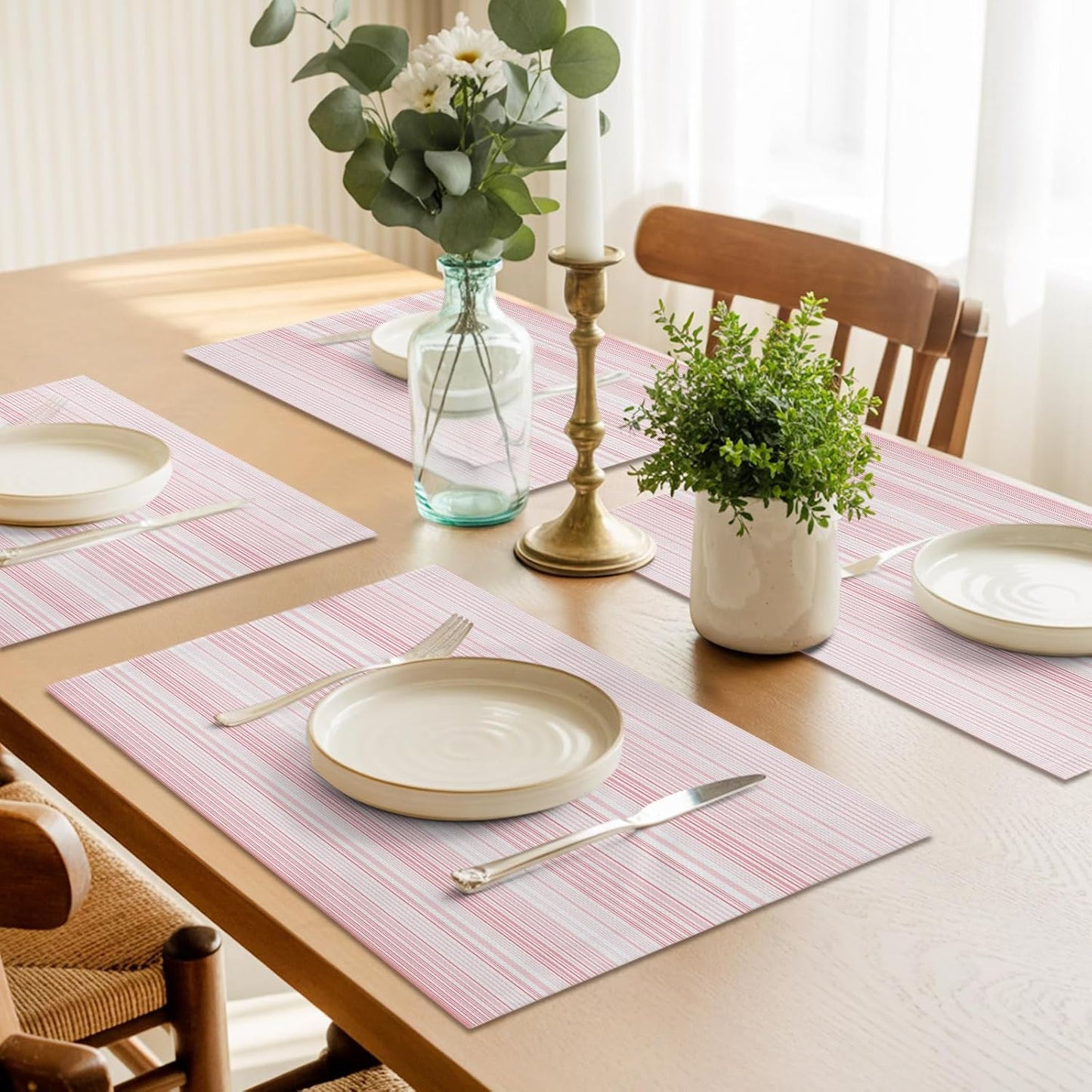 Pink Stripes Placemat Set of 6 Non-Slip Placemats for Dining Table Classic Striped Lines Washable Table Mats, Heat Resistant Kitchen Table Mats for Party, Dining Room & Home Decor