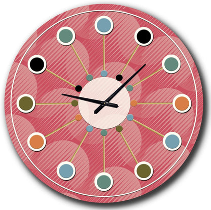 DesignQ Mid-Century Modern Wall Clock 'Coral Round Geometrical ' Pink Round Wall Clock for Office Decor