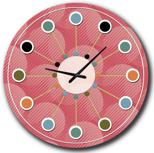 DesignQ Mid-Century Modern Wall Clock 'Coral Round Geometrical ' Pink Round Wall Clock for Office Decor