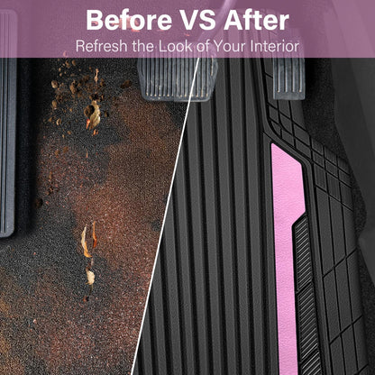 CAR PASS Heavy Duty Rubber Car Mats Metallic, Aluminum Film Cute All Weather Floor Mats Waterproof Universal Trim to Fit for SUV Sedan Van 4 Piece Deep Dish Two-Tone Sporty Black Light Pink Chrome