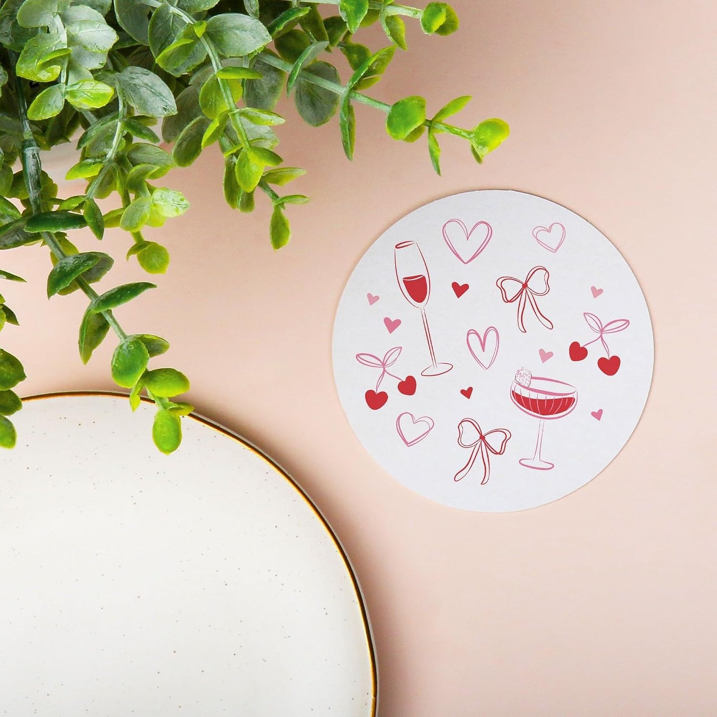 Big Dot of Happiness 25 Ct Drinks with the Girls Coasters, 4-Inch Disposable Round Paper Coasters Pink Bows, Hearts, Cherries, Galentine’s Day or Bachelorette Party, Table Decor for Cocktail Drinks