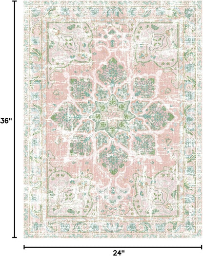 Vhong Boho Area Rugs Vintage Washable Neutral Modern Dusty Pink and Green 2x3 Non Slip Small Carpet for Hallway Bathroom Entryway Girls' Room