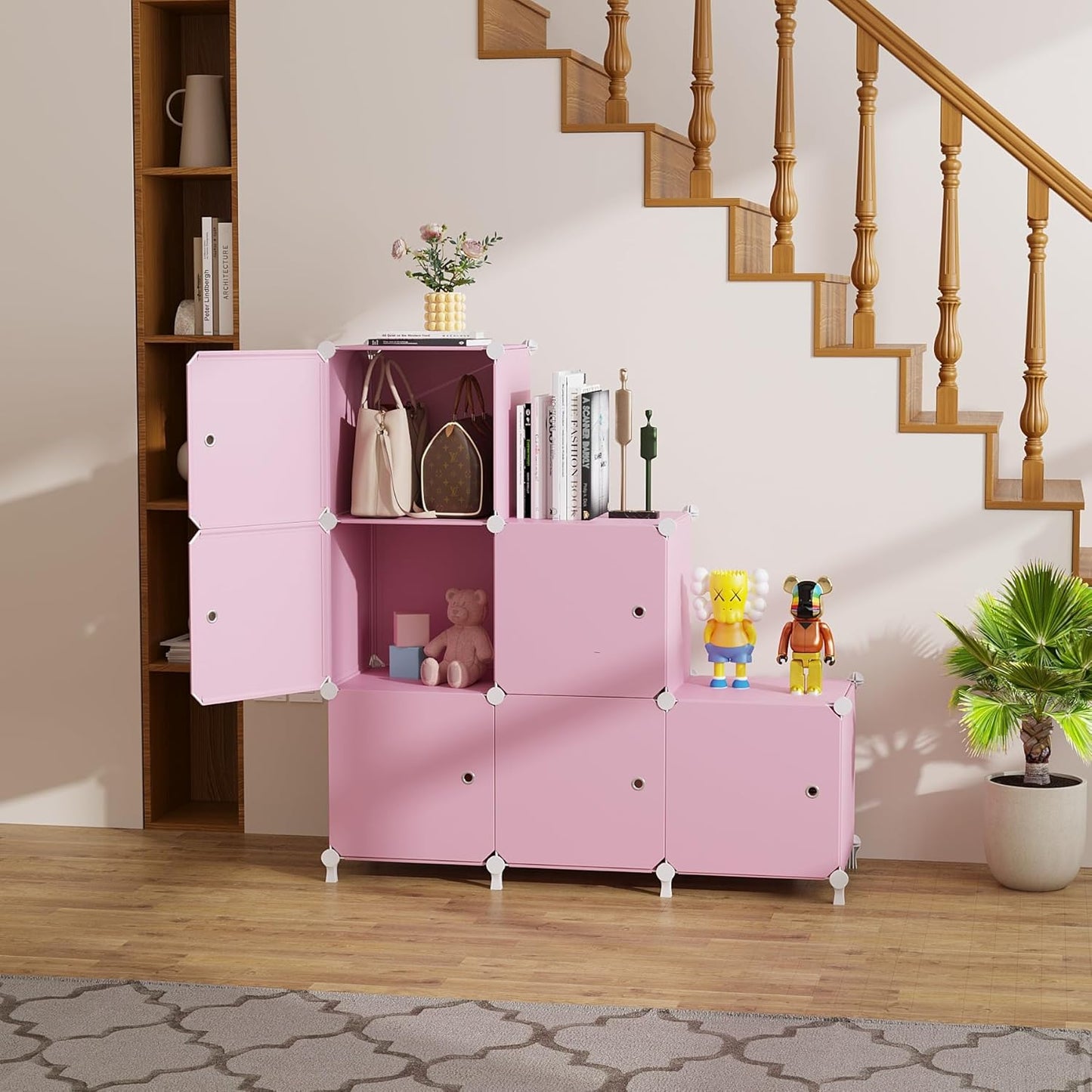 Cube Storage Organizer, 6-Cube Shelves Unit with Doors, DIY Stackable Plastic Clothes Organizer for Bedroom and Under Stairs Storage Unit, Each Compartment 30 x 30 x 30 cm Pink